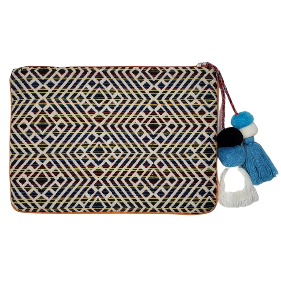 Steve Madden | Bohemian Blue Orange Embroidered Fringe Geometric Clutch Women's - Picture 2 of 9